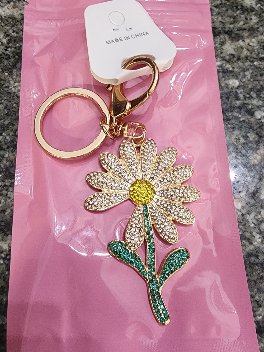 Gold Daisy Crystal Keychain - Floral Charm Key Ring